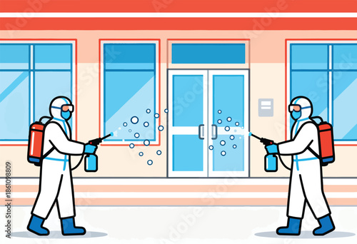 Two figures in hazmat suits spray disinfectant on a building's exterior