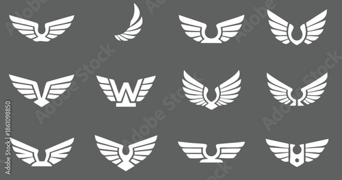 Wings vector icons set, logo collection for use. Abstract wing symbols and badge icons set. logo collection isolated on black background.