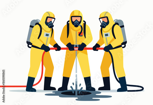 Hazmat team in yellow suits handles a spill with hoses
