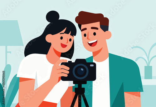 Couple smiles holding a camera on a tripod, ready to take photos