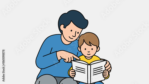 Father and son enjoy reading a book together in this heartwarming illustration.