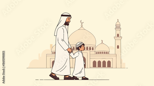 Muslim Father and Son Walking Together Near Mosque Illustration