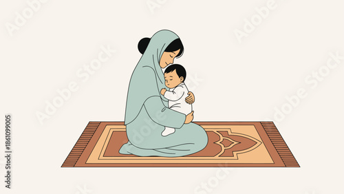 Muslim mother tenderly holding her baby on a prayer mat, embodying peace and spiritual love.