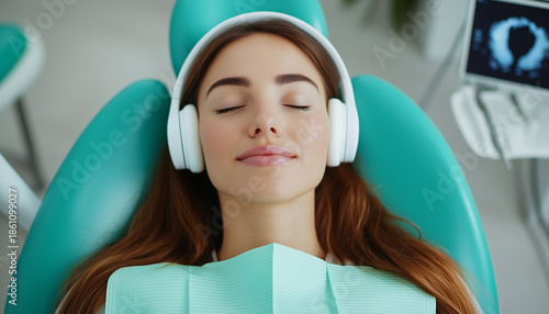 Woman rests in dental chair wearing earphones. Girl relaxes in modern clinic. Patient listens to music for calm. Healthcare and wellness center for beauty treatment