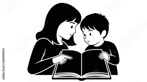 Mother and child happily reading a book together, a concept of learning and bonding.