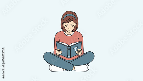 Young woman peacefully reading the Bible in a serene setting.