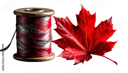 Spool of red/white thread next to vibrant red maple leaf
