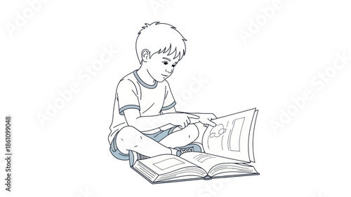 A young boy is sitting cross-legged, engrossed in reading two books.