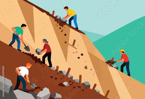 Workers in colorful shirts build on a steep, rocky hillside