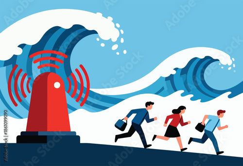 Three people flee giant wave while red siren blares