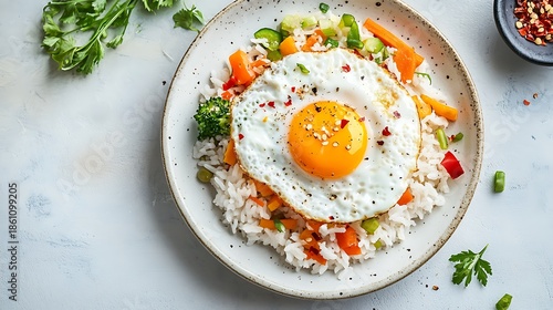 Delicious breakfast plate with fried egg and vegetables on rice