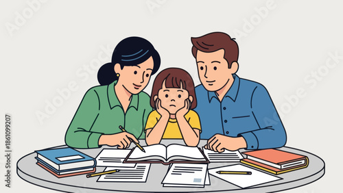 Parents help their child with homework, a family studying together.