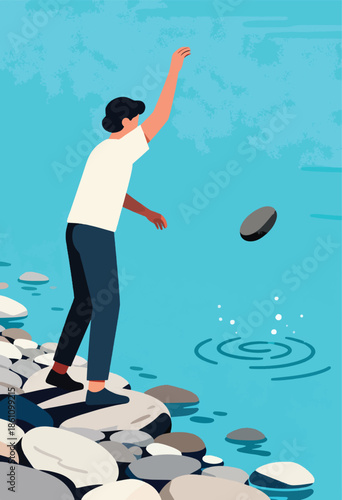 Person throws stone into blue water, creating ripples on a rocky shore