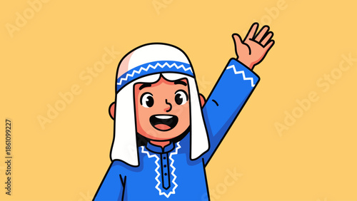 Happy boy in traditional clothing waves hello