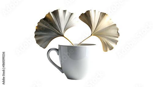 A white mug with two metallic leaves in a dark, clean background