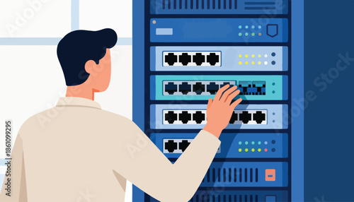 Technician interacts with server rack, connecting network cables