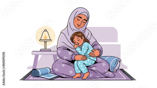 Muslim mother comforts her sleeping child at bedtime.