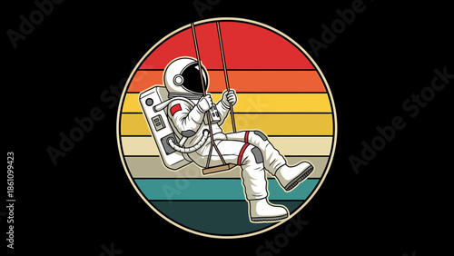 Astronaut Relaxing In Retro Striped Circle.