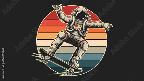 Astronaut Skateboarder performing tricks under retro sunset circle.