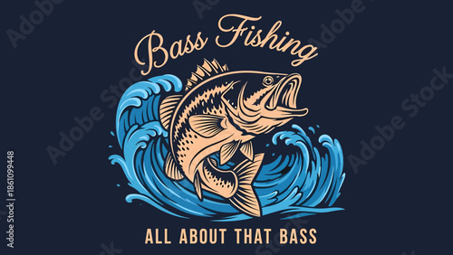 Bass fishing graphic featuring a large bass in waves.