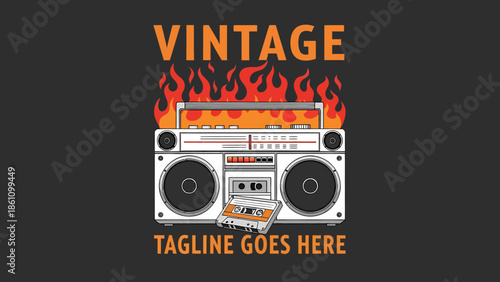 Burning Vintage Boombox On Fire Artwork.
