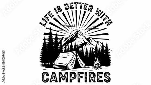Camping Scene Featuring Tent Pine Forest And Campfire Logo.