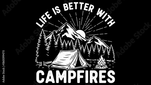 Camping Scene With Tent Trees Mountains And Campfire.