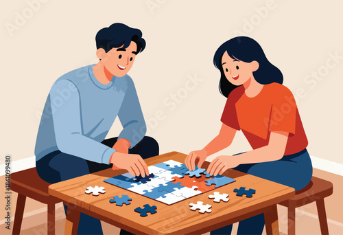 A couple works together on a jigsaw puzzle on a wooden table