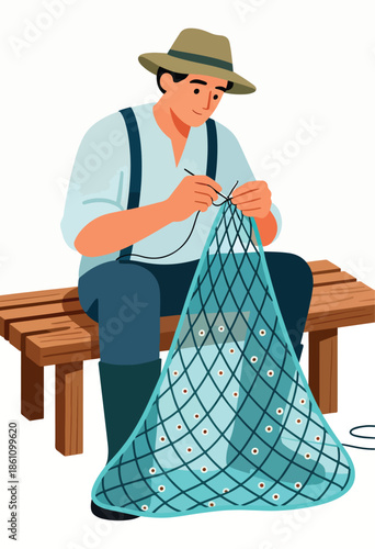 Fisherman mending a net on a wooden bench