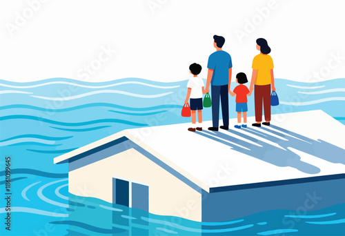 Family stranded on rooftop, house submerged in floodwaters, looking out at sea