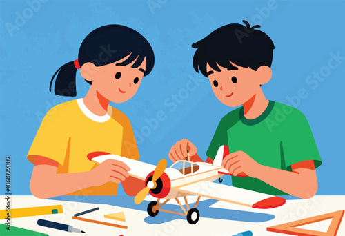 Two children enthusiastically build a model airplane on a table