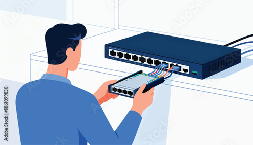 Man connects network cables to a switch and device