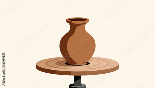 A simple, minimalist illustration of a terracotta vase on a potter's wheel