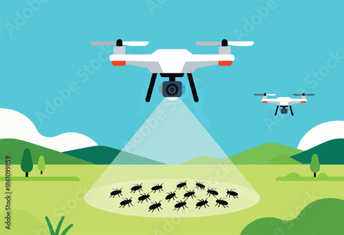 Drones monitor pests on a farm, scanning a swarm of insects