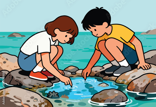 Two children crouch by the water's edge, dipping fingers into clear blue pools