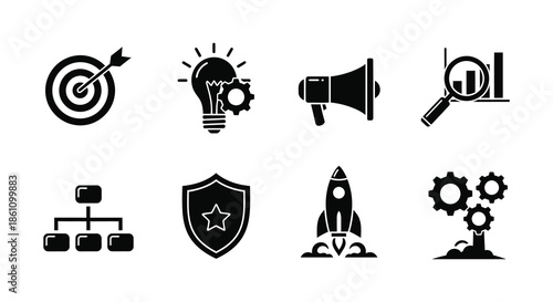A collection of black silhouettes depicting business concepts like targets ideas and growth silhouette