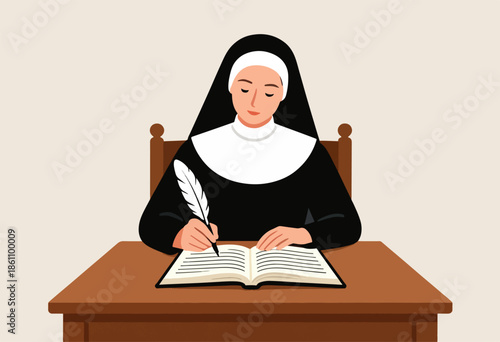Nun writing in a book with a quill pen at a wooden desk