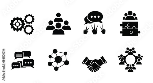 A collection of black icons representing teamwork communication and business connections silhouette