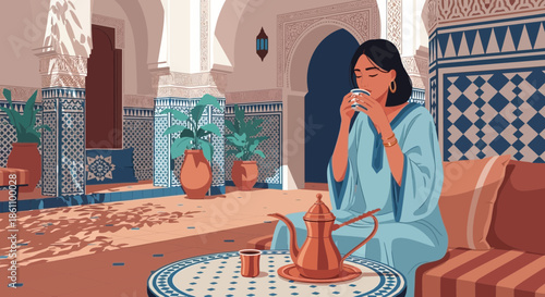 Woman Sitting Drinking Tea in Moroccan Setting.
