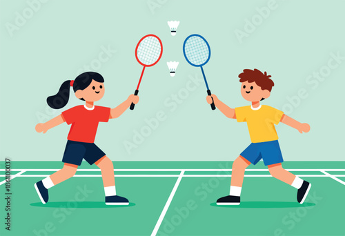 Two animated children playing badminton on a court with shuttlecocks