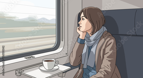 Woman Sitting on Train Looking Out Window.