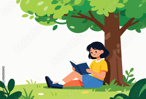 Young person reads a book under a large tree in a park