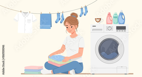 Woman Sitting with Laundry Beside Washing Machine.