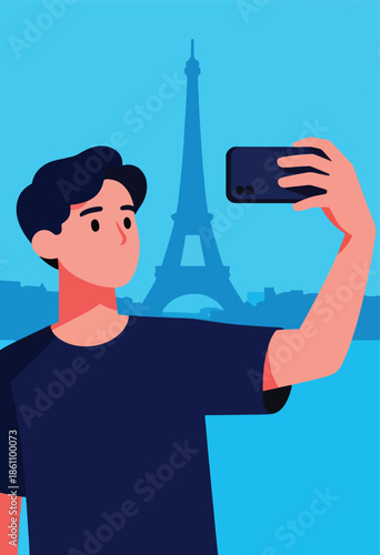 Person takes selfie with iconic tower and city skyline background