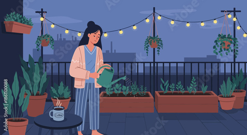 Woman Watering Plants on Balcony Terrace.