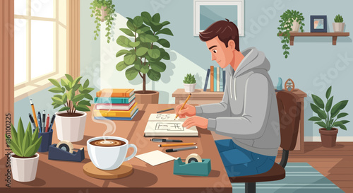Man Reading Book at Desk with Coffee.