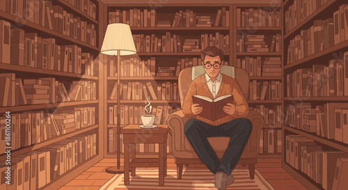 Man Reading Book in Library.