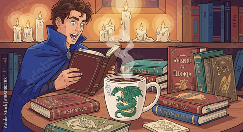 Man Reading Book with Coffee Mug.