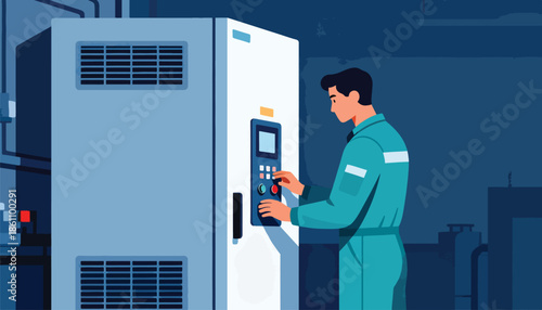 Person in blue uniform operating machinery with control panel