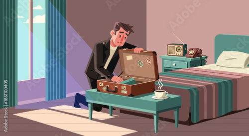 Man Unpacking Suitcase in Hotel Room.